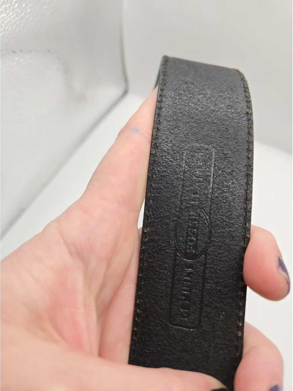 VTG Fossil Black Genuine Leather Belt Gold Horsebit Molten Abstract Buckle Sz M